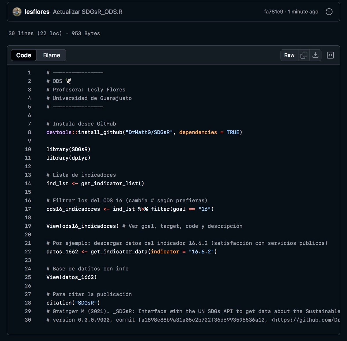 Hola🤠 Estoy bajando datos de los #ODS🌎 desde #R usando la #API de la #ONU🕊️

Por si es de interés, aquí dejo cómo descargarlos con #SDGsR⚙️ y cómo acceder a indicadores (ejemplo 16.6.2 satisfacción servicios públicos💜)

🔗github.com/lesflores/SDGs…

#CódigoDeTodxs #Data4good