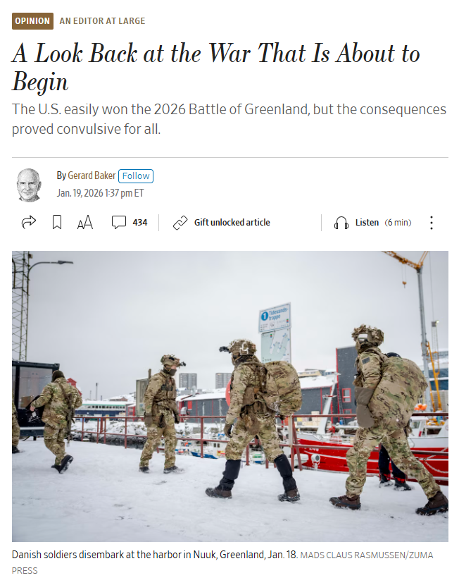 재밌는 칼럼... 2026년 그린란드 전투로 초래될 파괴적인 국제정세 상상하는 풍자적 칼럼 // 

미국은 무력 점거를 단행

덴마크와 유럽 연합군은 저항했으나 미국의 압도적인 전력 앞에 무력하게 패배

2026년 말 NATO 가 공식 해체되었고 유럽은 미군을 축출. 미국은 대체 기지를 찾으려 했으나 중동