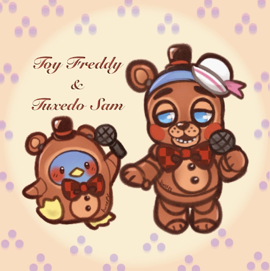 bweemic's tweet image. FNAF 2 x Sanrio 
toy freddy and tuxedo sam
