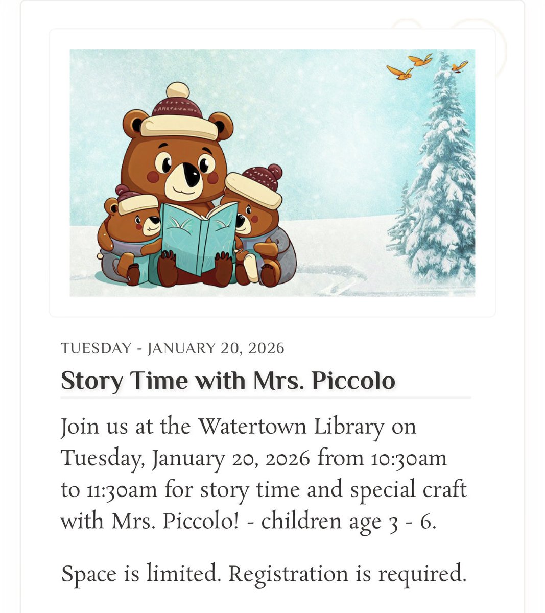 WtnLibraryCT's tweet image. Tuesday, January 20 at Watertown Library…