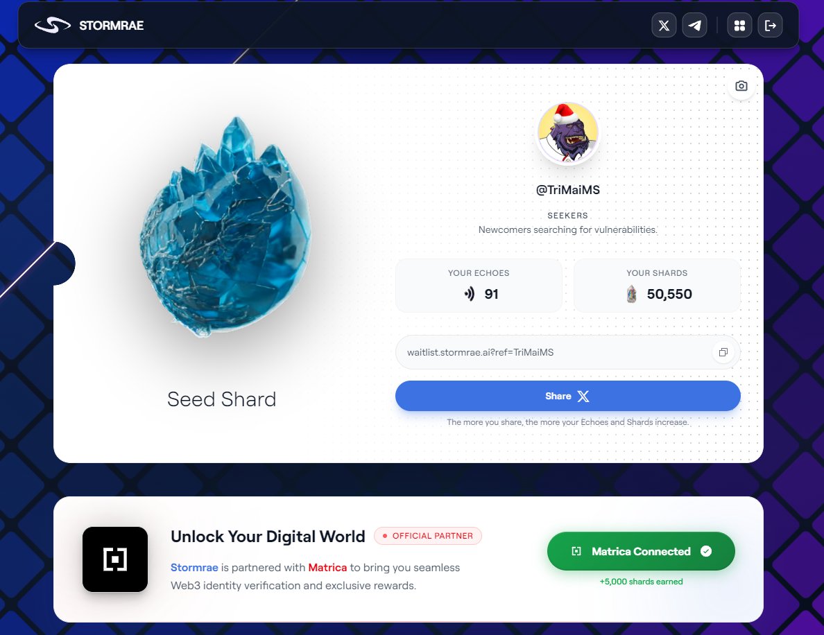 TriMaiMS's tweet photo. Update Airdrop kèo @stormrae_ai 

Anh em vào connect X sau đó kết nối thêm với Matrica để nhận 5k Seed Shard nha 

Ai chưa làm vẫn có thể làm được:
+ Làm ở đây: https://t.co/Q8A428j732 https://t.co/CStpviXqdY