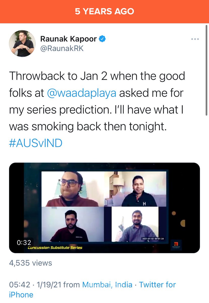 5 years ago. 2020 Gabba test win was special. So was what <a href="/RaunakRK/">Raunak Kapoor</a> had predicted way before it happened back in 2020. 😎

#Cricket #Waadaplaya