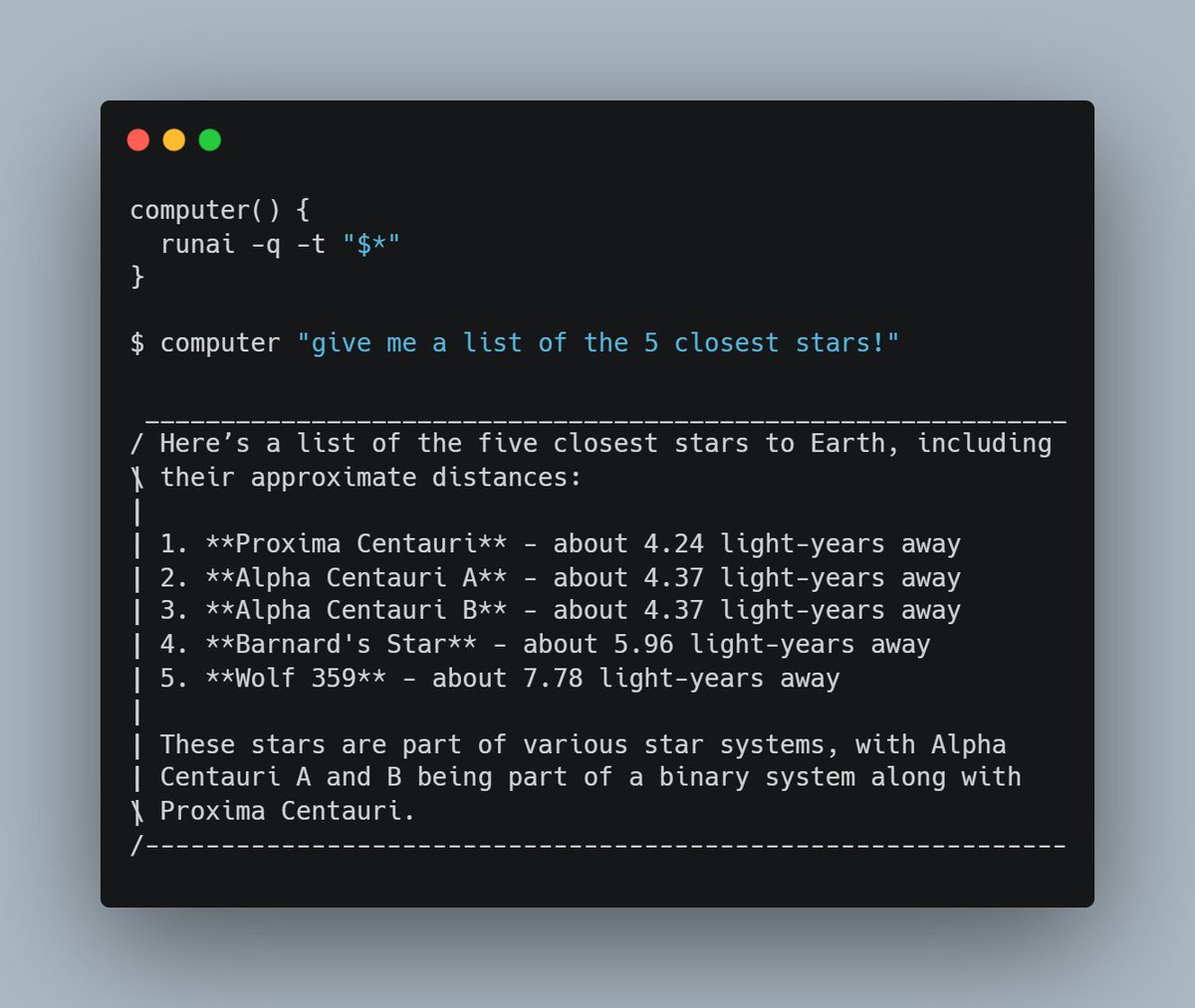 computer "give me a list of the 5 closest stars!"