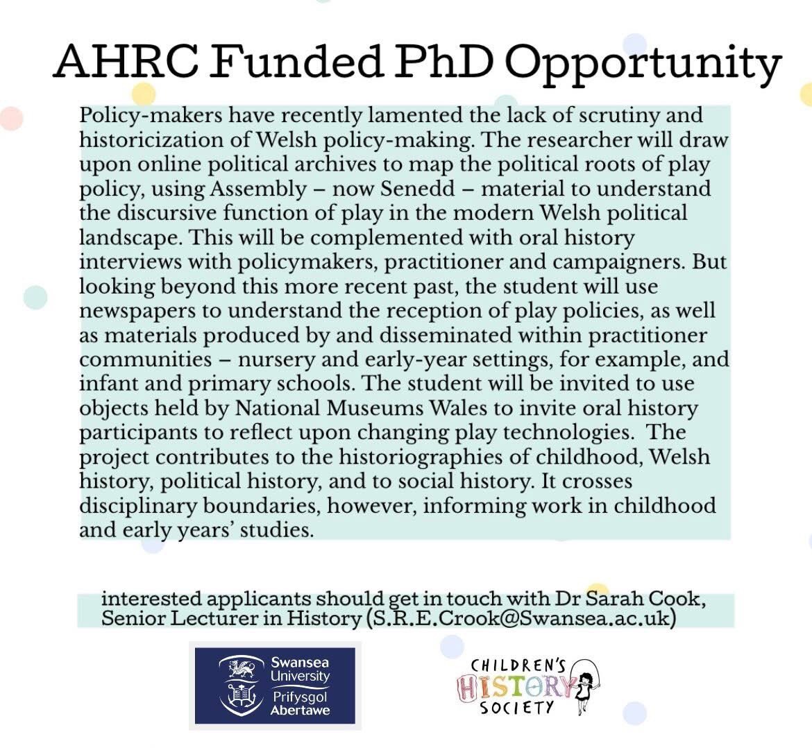 We’re thrilled to share this AHRC-funded PhD opportunity from Swansea University

“Serious about Play: Childhood, Play and Policymaking in Wales, 1945 to present” explores how Wales developed its own distinct stance of child’s play through examination of postwar Welsh childhoods