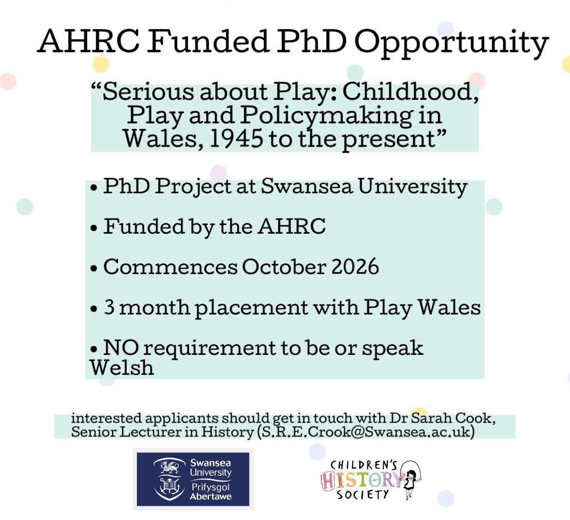 histchild's tweet photo. We’re thrilled to share this AHRC-funded PhD opportunity from Swansea University

“Serious about Play: Childhood, Play and Policymaking in Wales, 1945 to present” explores how Wales developed its own distinct stance of child’s play through examination of postwar Welsh childhoods https://t.co/z242r3UviO