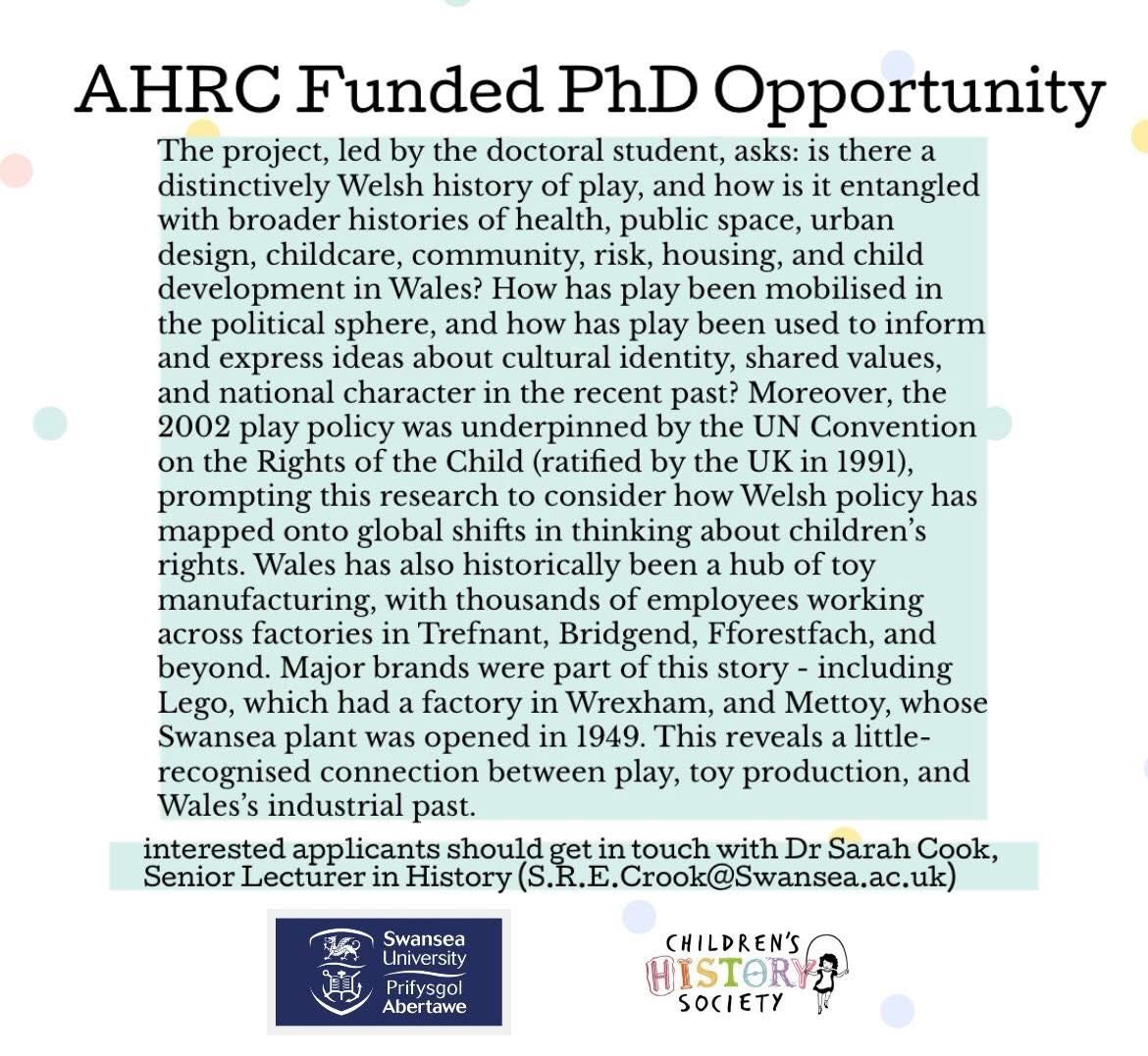 histchild's tweet photo. We’re thrilled to share this AHRC-funded PhD opportunity from Swansea University

“Serious about Play: Childhood, Play and Policymaking in Wales, 1945 to present” explores how Wales developed its own distinct stance of child’s play through examination of postwar Welsh childhoods https://t.co/z242r3UviO