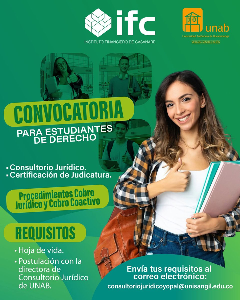 El Instituto Financiero de Casanare abre convocatoria para que los estudiantes de Derecho de la Universidad Autónoma de Bucaramanga realicen sus prácticas en la entidad.
¡𝗣𝗼𝘀𝘁𝘂́𝗹𝗮𝘁𝗲 𝘆 𝗰𝗼𝗻𝘀𝘁𝗿𝘂𝘆𝗲 𝘁𝘂 𝗲𝘅𝗽𝗲𝗿𝗶𝗲𝗻𝗰𝗶𝗮 𝗹𝗮𝗯𝗼𝗿𝗮𝗹 𝗰𝗼𝗻 𝗲𝗹 𝗜𝗙𝗖!