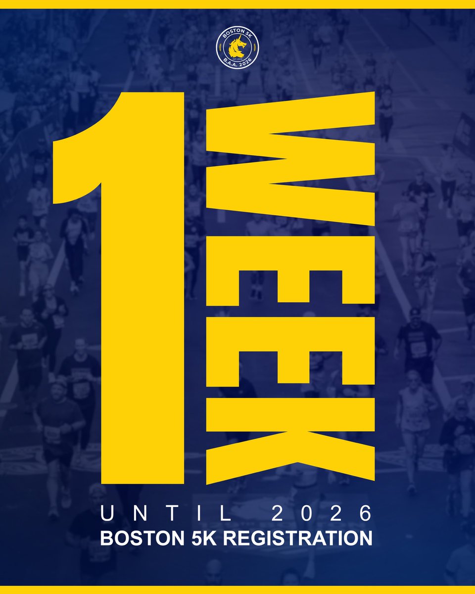 BAA's tweet image. 1️⃣ WEEK until registration for the 2026 #Boston5K‼️

REMINDER: Registration for April’s 5K race will occur over four days beginning January 26th, featuring a NEW random selection process.

Learn more about this year’s registration process at baa.org/races/boston-5…🦄