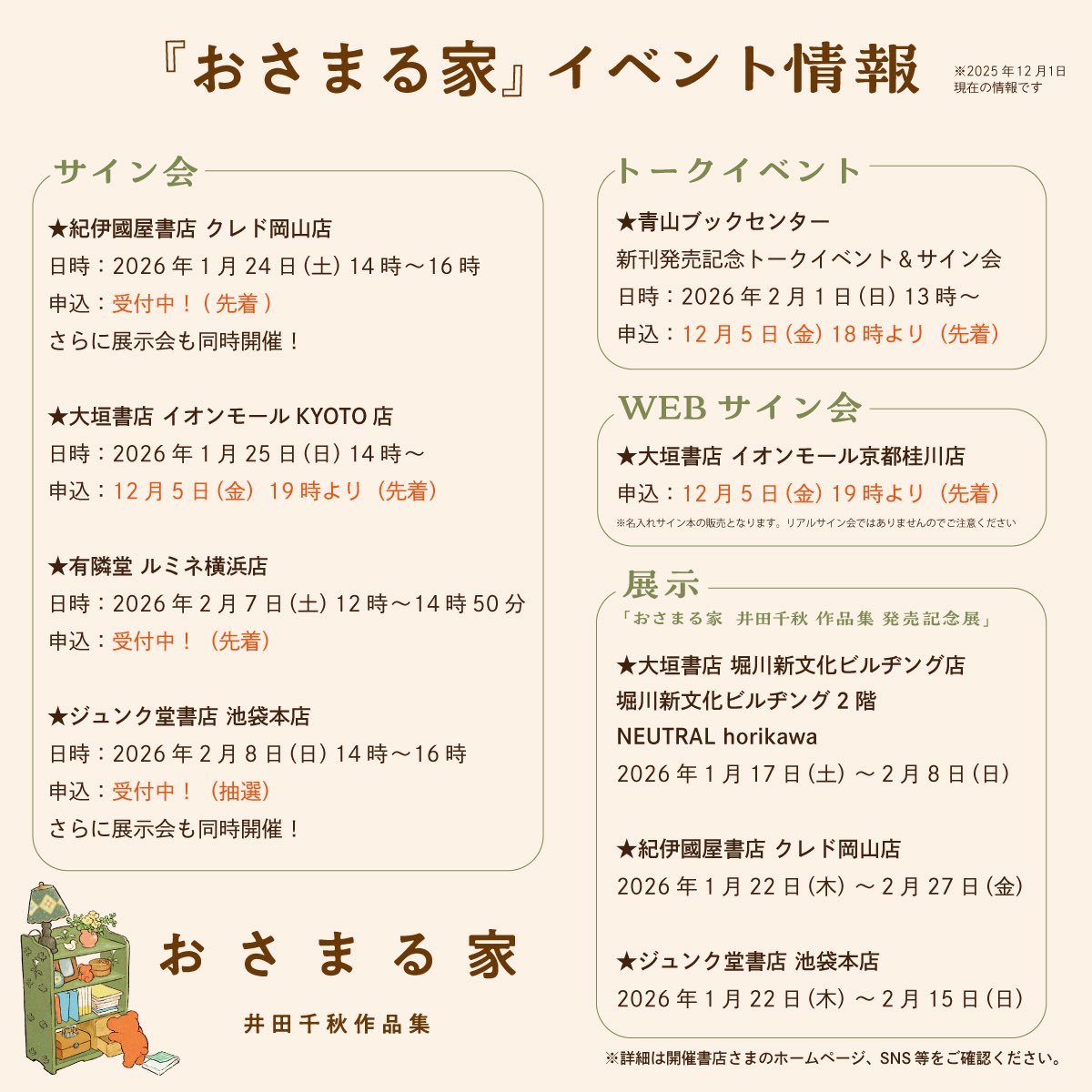 『おさまる家』告知まとめ

🏡書店特典実施店舗：j-n.co.jp/columns/762/
　　→TSUTAYAさん：tsutaya.tsite.jp/store-list/202…

🏡イベントについて(詳細はツリー)
・サイン会は岡山は引き続き受付中です。
・トークイベントはご質問受付中です。
・展示はグッズ販売やサイン入りパネルの抽選などもあります