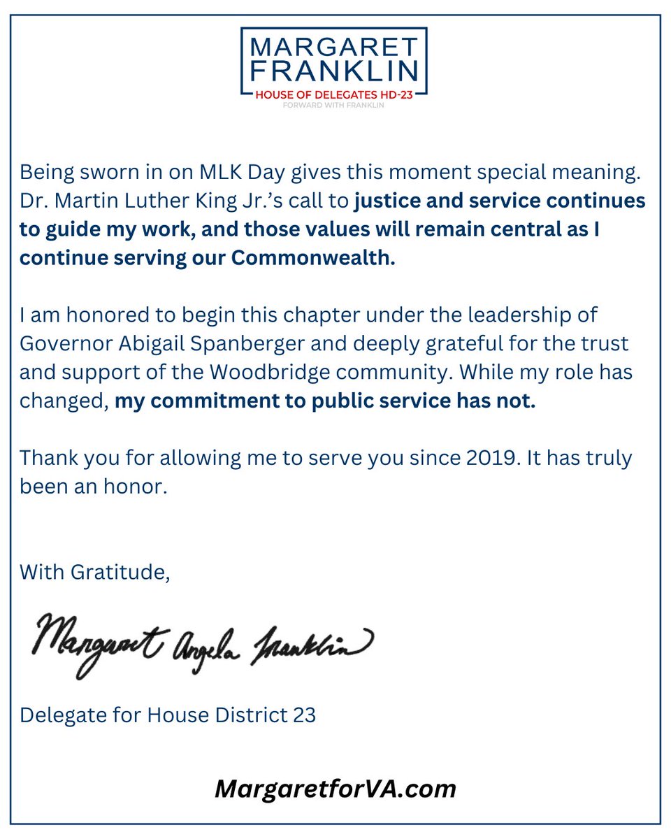 Delegate Margaret Franklin’s statement of service to the Woodbridge community