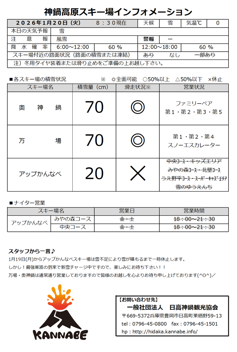 kannabe's tweet photo. 2026.0120 【8時30分現在の神鍋高原の様子】
おはようございます本日の神鍋高原は明け方から雪が降り始め、道路がうっすら白くなりました⛄
天気予報は最強寒波に注意！と���り返していますがどうなることやら・・・です🤔
今日から木曜日までの３日間でどれだけ積み増してくれるか楽しみですね😃 https://t.co/vhGI0o52Vb