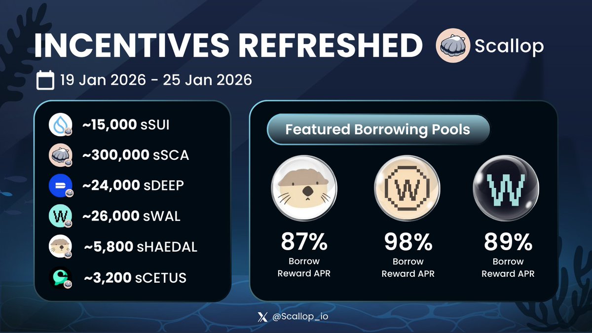Scallop_io's tweet image. 💧SCALLOP INCENTIVE PROGRAM💧

Weekly Scallop incentives have been refreshed!

Borrow and Earn more with Scallop's SCA as collateral asset!

💧sSUI Incentives: ~15,000 sSUI
🐚sSCA Incentives: ~300,000 sSCA
🔥sDEEP Incentives: ~24,000 sDEEP
🔥sWAL Incentives: ~26,000 sWAL…