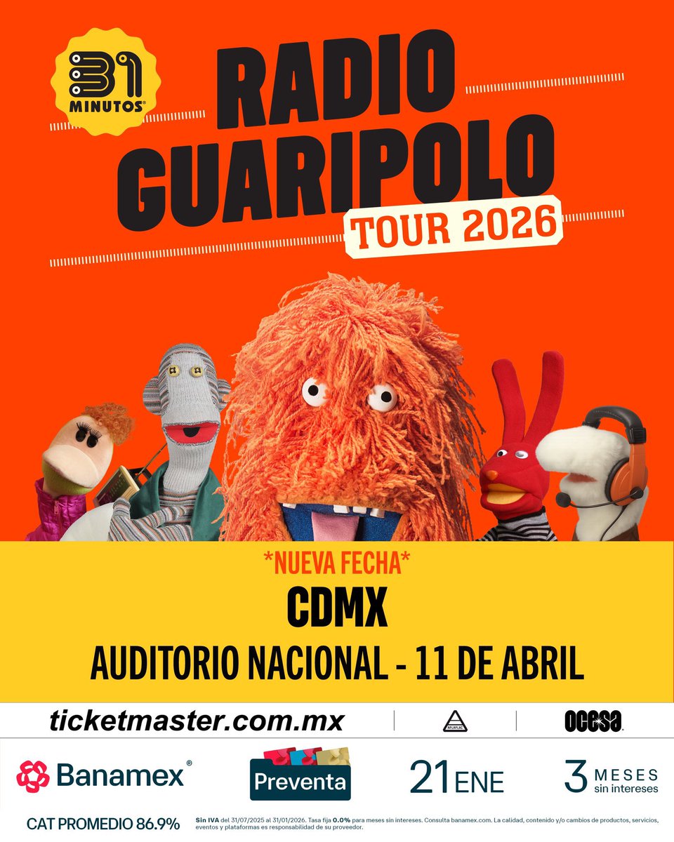 🚨 ANUNCIO OFICIAL: NUEVA FECHA 🚨

ESTRENO 31 MINUTOS: RADIO GUARIPOLO II
🗓️ Sábado 11 de Abril del 2026 🗓️
🏟️ Auditorio Nacional 🏟️
📍 CDMX📍 🇲🇽 México 🇲🇽

💳 Fechas de Preventas 💳

Preventa Banamex: 21 de Enero 11:00 AM
Venta General: 22 de Enero 11:00 AM

🎟️ Precios de