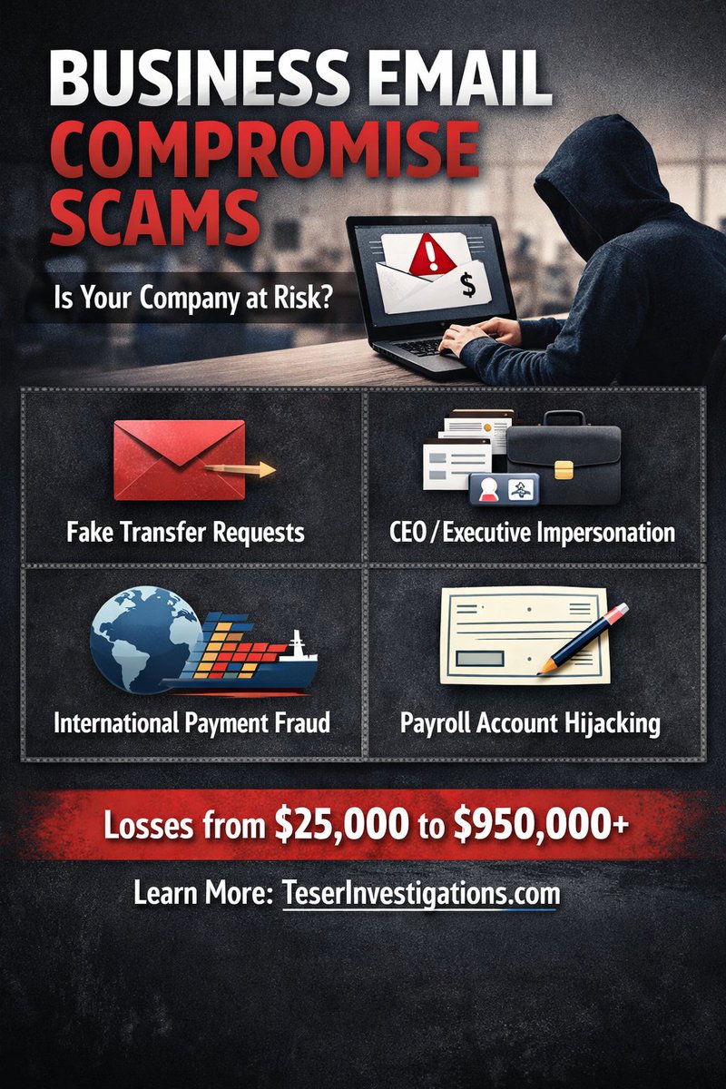 🚨 Business Email Compromise (BEC) scams are costing companies $25,000–$950,000+ per case.
Most victims never see it coming.

How the scam works + what to do if it happens:

👉 teserinvestigations.com/business-email…

#CyberCrime #FraudPrevention #BusinessSecurity #TeserInvestigations