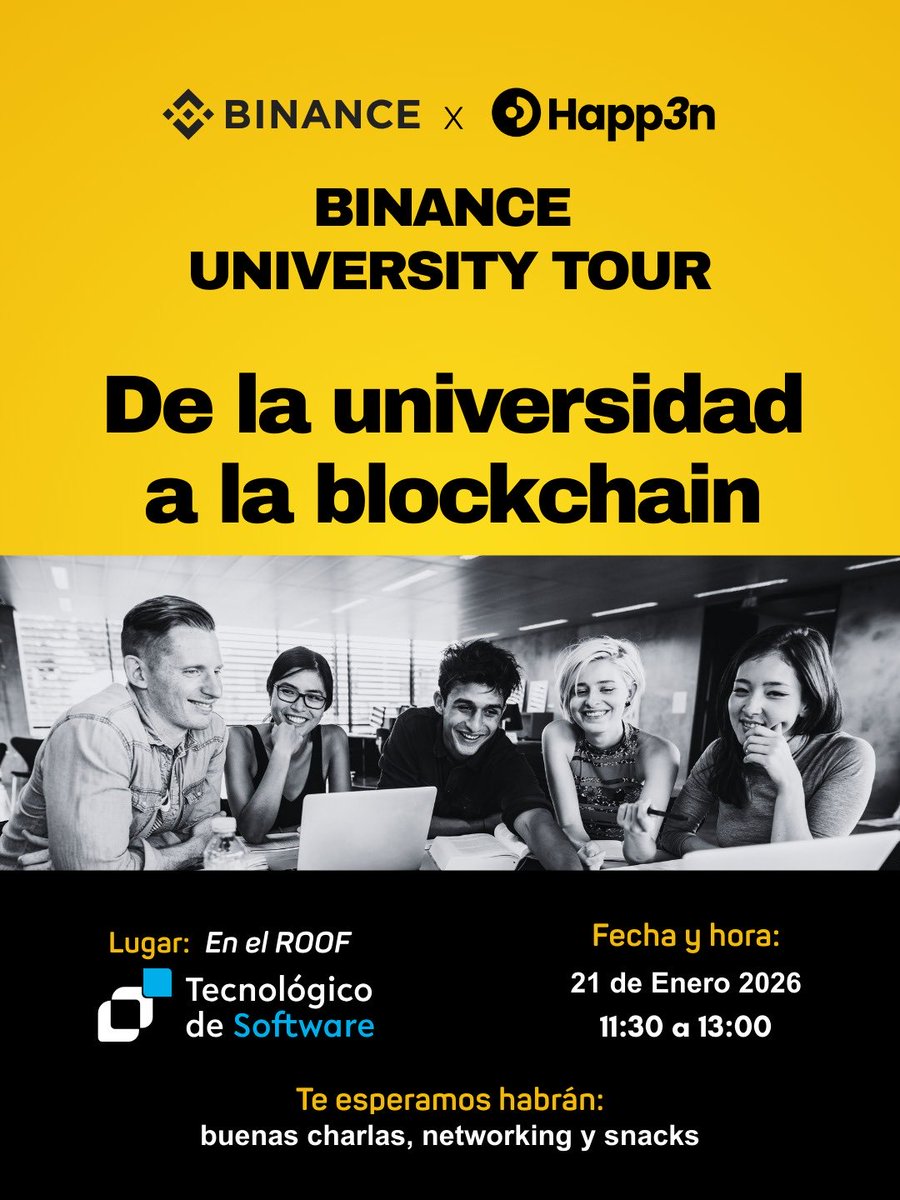 En <a href="/TecDeSoftware/">Tecnológico de Software</a> tendremos una super charla sobre blockchain, tecnología financiera y su impacto global, con enfoque educativo y responsable.
Con la participación de aliados del ecosistema Web3 como <a href="/happ3nxyz/">Happ3n 🍀</a> e impartida por @binancelatam.

luma.com/84d8lgj1