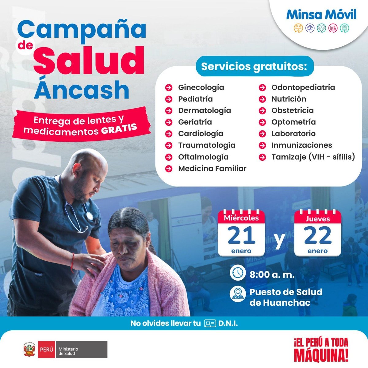 Minsa_Peru's tweet image. A toda máquina por la salud en #Áncash 🚑💪

Este miércoles 21 y jueves 22, el #MinsaMóvil llegará al Puesto de Salud de Huanchac para brindar atención gratuita y de calidad a público de todas las edades. 

Se ofrecerá atenciones en especialidades como ginecología, pediatría,