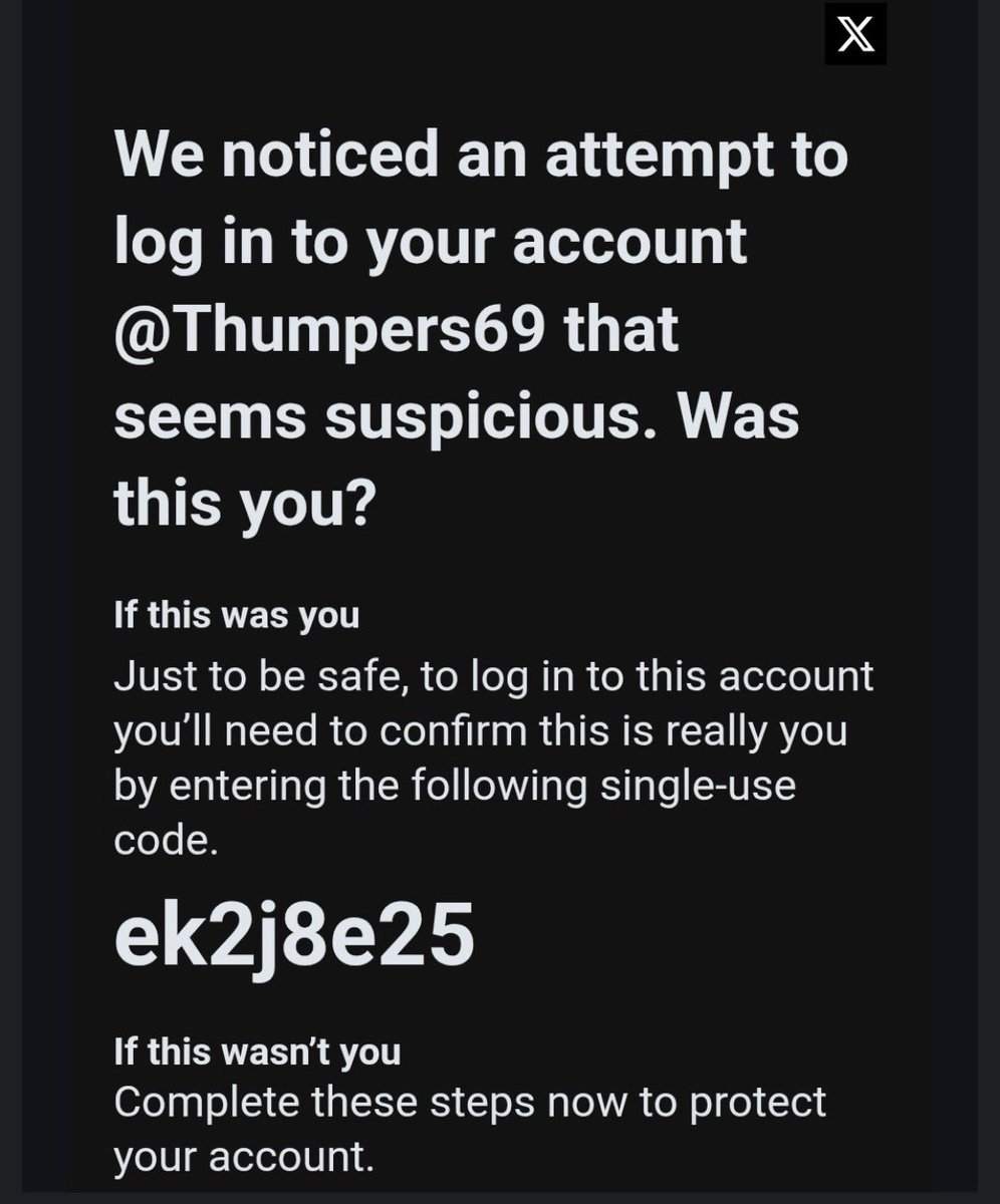 🚨🚨🚨🚨🚨🚨🚨🚨🚨🚨

Attention everyone: If you get this message, it’s not from X—it’s from hackers. Don’t enter their code. This is the latest hack tactic.