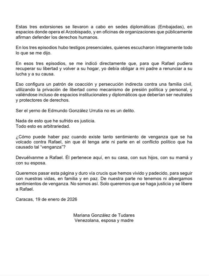 MarianaGTudares's tweet image. Hago una denuncia pública:

El expediente judicial en contra de mi esposo, Rafael Tudares Bracho, carece totalmente de sustento probatorio y de elementos como para haberlo sometido a una arbitraria privación de libertad, un clandestino proceso penal y injusta condena.  

Todo eso…