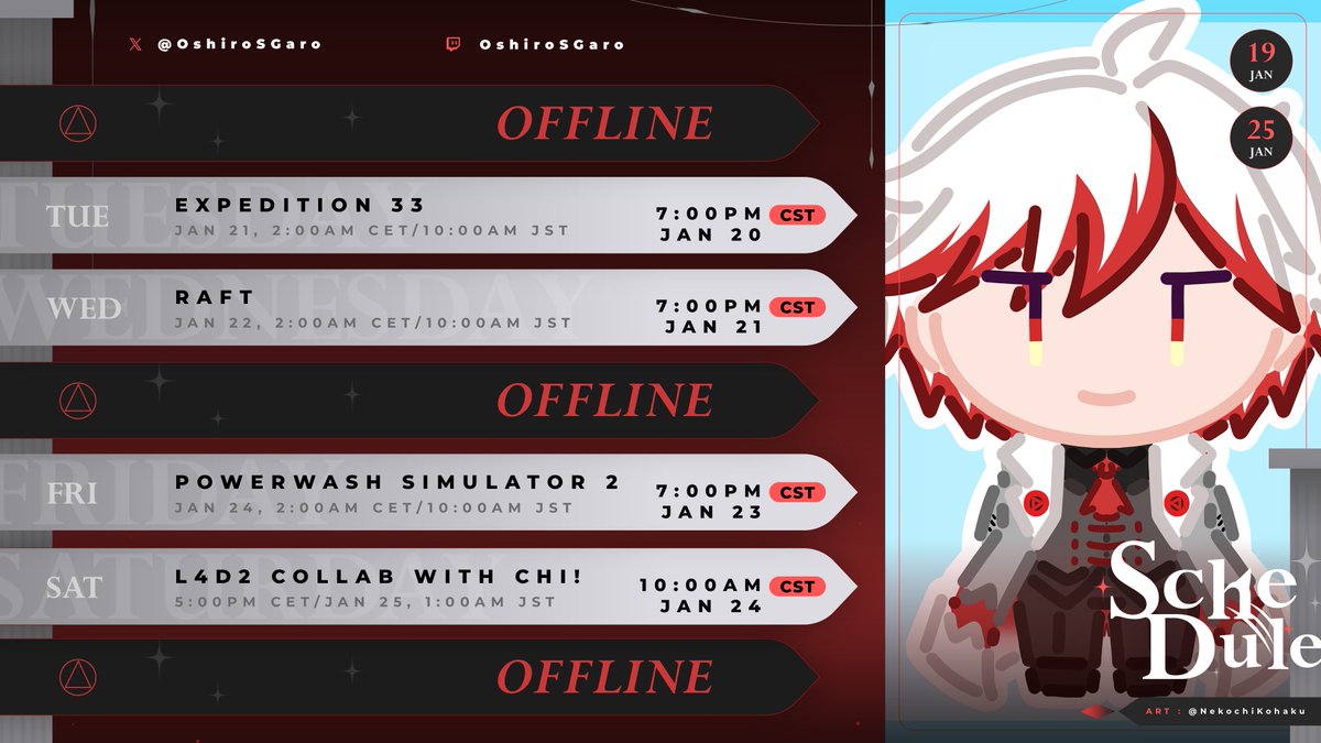 Heyo! Gonna be doing a Left4Dead 2 collab with <a href="/NekochiKohaku/">Chi 🌸🍑🔪💢</a> on Saturday! Also gonna start Powerwash Simulator 2 this week!

Lots to play and do this week, let's goooo! See y'all there!~

twitch.tv/oshirosgaro

art: <a href="/NekochiKohaku/">Chi 🌸🍑🔪💢</a>