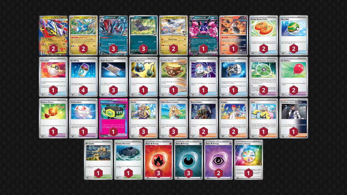 Several people have asked, so even though it didn’t do well, I’m posting the deck list I created and brought to the Toronto Pokémon Regional Championships. I understand that what I  was trying to do might not be immediately obvious, so I’m also gonna include a quick guide. (1/8)
