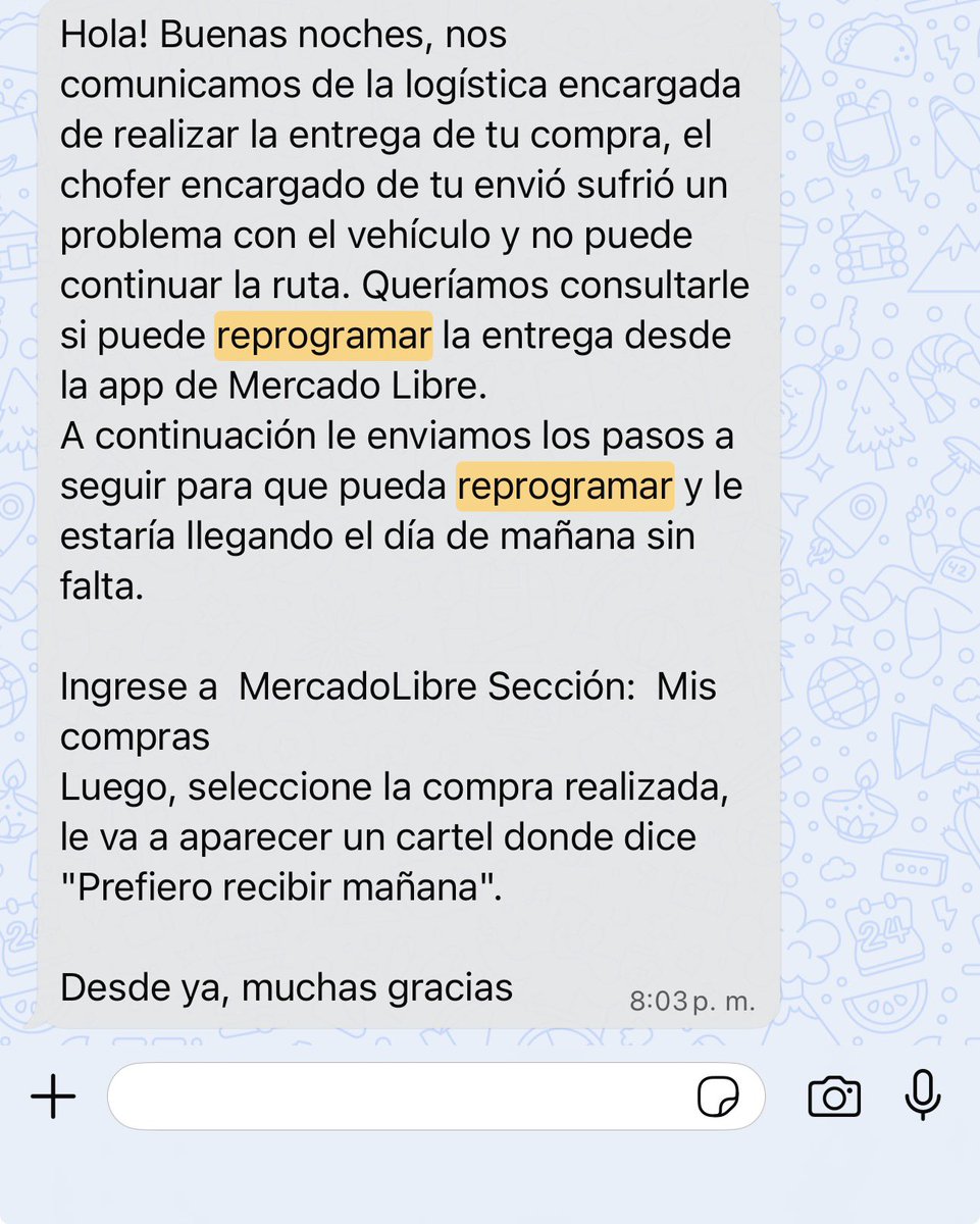 javier_prog_89's tweet photo. Si sus pedidos de MercadoLibre no llegan el día pactado y les piden reprogramar, no lo hagan. Si el transportista tuvo un inconveniente (lo cual puede pasar obviamente) la plataforma tiene una manera de indicarlo y deben hacerlo ellos. NO REPROGRAMEN! Aunque lo pidan amablemente. https://t.co/MhPFeQC5Um