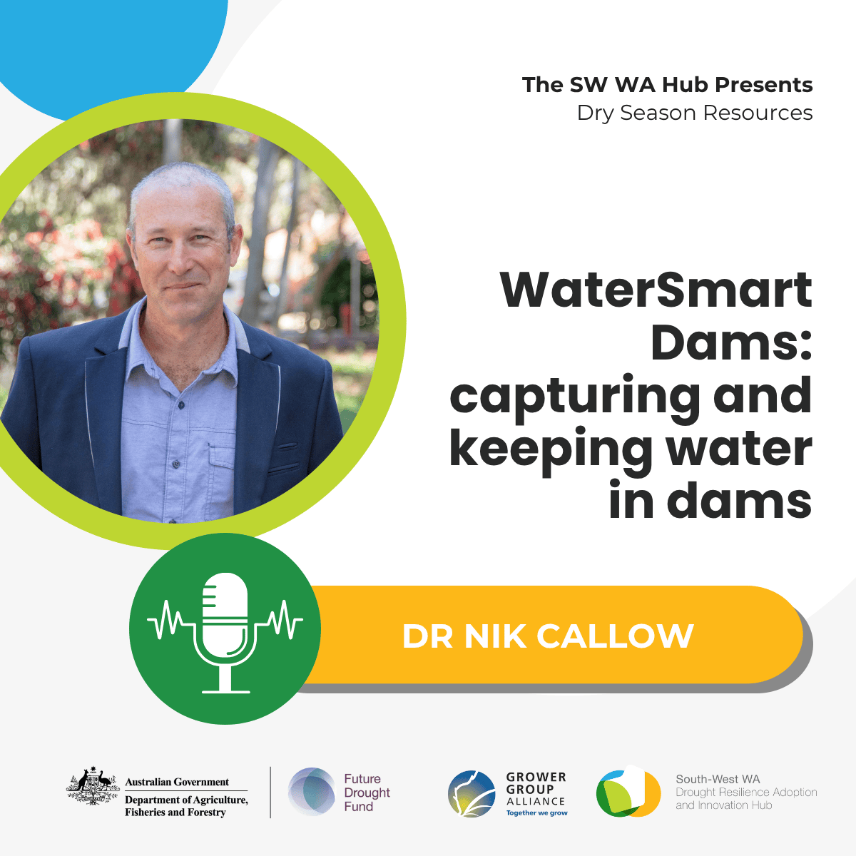 GGA_WA's tweet photo. 🎙️Podcast throwback
Dr Nik Callow (@CWSS_UWA) shares practical water-saving solutions from the #smartdams project on the #WADroughtHub Dry Season Resources podcast, including the use of tarps, dam covers, drainage fixes and more.
🎧 Tune in now: https://t.co/mpYgFLMKsv
#FutureDroughtFund