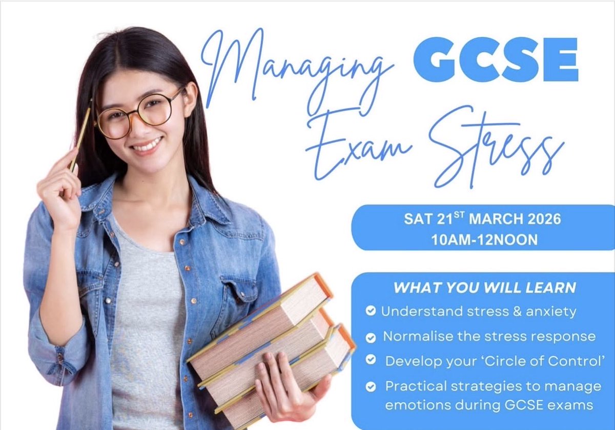 Facilitated by a Young Person's Life Coach, also trained in NLP and EFT. The workshop teaches how to normalise the stress responses, develop a circle of control, practice strategies for managing emotions during exams and explore simple, realistic, flexible revision planning.