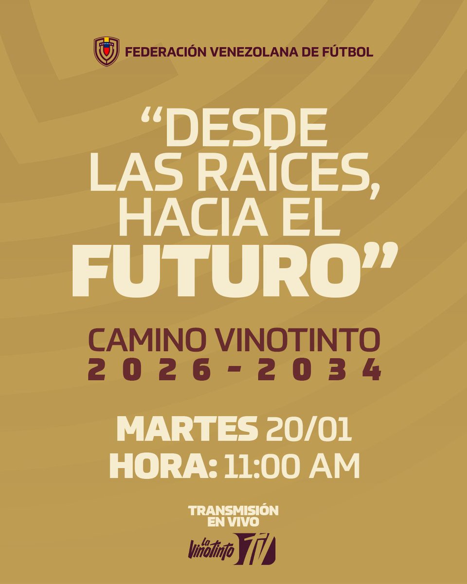 FVF_Oficial's tweet image. 🇻🇪 𝑫𝒆𝒔𝒅𝒆 𝒍𝒂𝒔 𝒓𝒂𝒊́𝒄𝒆𝒔, 𝒉𝒂𝒄𝒊𝒂 𝒆𝒍 𝒇𝒖𝒕𝒖𝒓𝒐

⚽ Plan Deportivo 2026-2034 y presentación oficial del Cuerpo Técnico de la Selección Nacional Absoluta de Venezuela.

📅 Mañana 20/01
⌚11:00 am
📺 La Vinotinto TV: youtube.com/live/Vt75fg2g-…