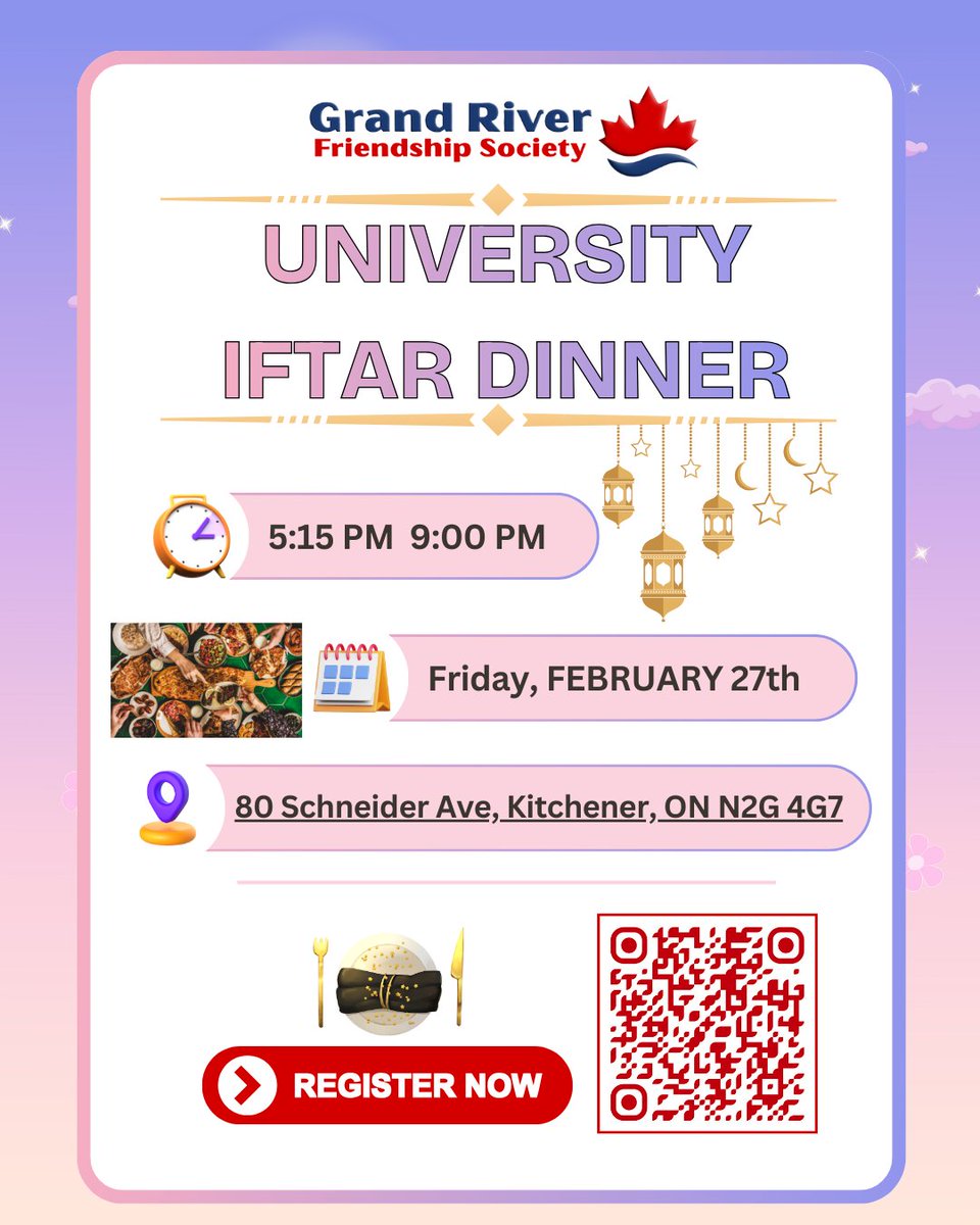 grfsociety's tweet image. University Iftar Dinner 🌙

Join us for a warm and welcoming University Iftar Dinner, where we come together to share a meal, meet new people, and celebrate the beauty of community. 

#UniversityIftar #IftarDinner #GRFS #GrandRiverFriendshipSociety #Kitchener #WaterlooRegion
