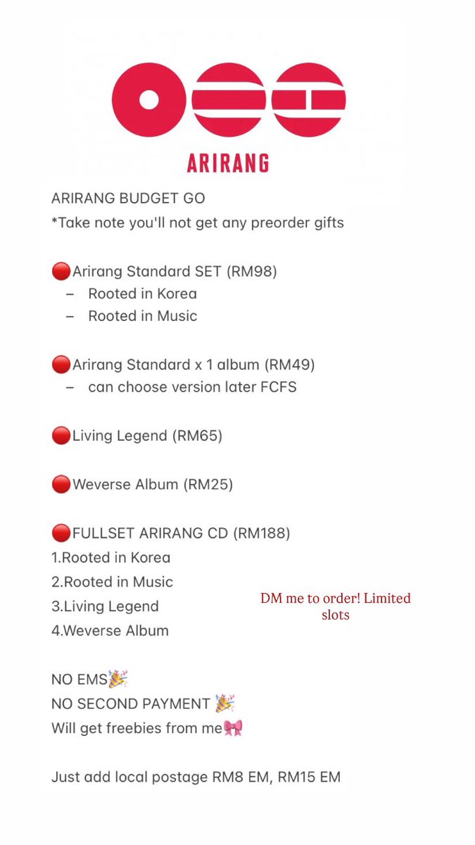 MissShinjuku's tweet photo. [HELP RT] Thank youu

ARIRANG 🇲🇾Group Order 
-refer pictures for the price list (there are 2 types)

1. Arirang Album GO
- with POB
- have 2nd payment 

2. Arirang Budget GO
- without POB
- free EMS
- no 2nd payment 

Any questions pls comment or DM 💜

DM to order! https://t.co/JxxgUmERMm