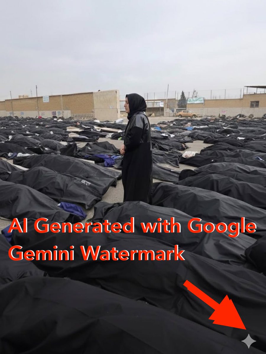 Post 1 'diseappeared' so #2 
BEWARE of AI GENERATED Pictures &amp; videos of #Iranians protesters posted by #Israeli trolls. Worse is the recyvling of Doctors &amp; patients of #ElShifa hospital in #Gaza who were shot/buried alive by #IDF also posted as #Iran victimes. Denonce fake pics