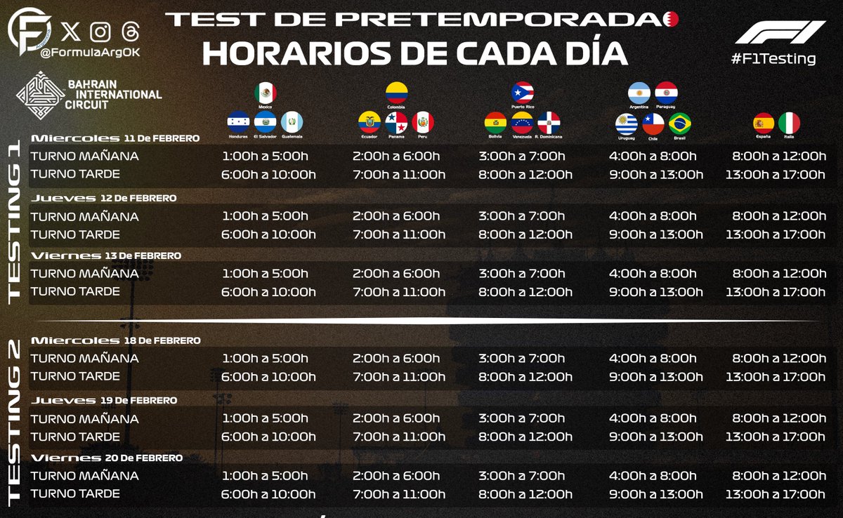 FormulaArgOK's tweet photo. 🇧🇭| HORARIOS DE LOS TEST DE PRETEMPORADA 2026.

• TESTING 1 (11, 12 y 13 de febrero)
• TESTING 2 (18, 19 y 20 de febrero)

⚠️ Antes de que pregunten: 
Los Test de Barcelona🇪🇸 son PRIVADOS, no serán televisados.

📺 La transmisión de los dos Test de Bahrein🇧🇭 está confirmada por F1TV y Dazn. Disney+ y Fox Sports (para 🇦🇷), aún no han informado si los pasarán, pero es probable que sí como en 2025.

#F1Testing #F12026 #F1