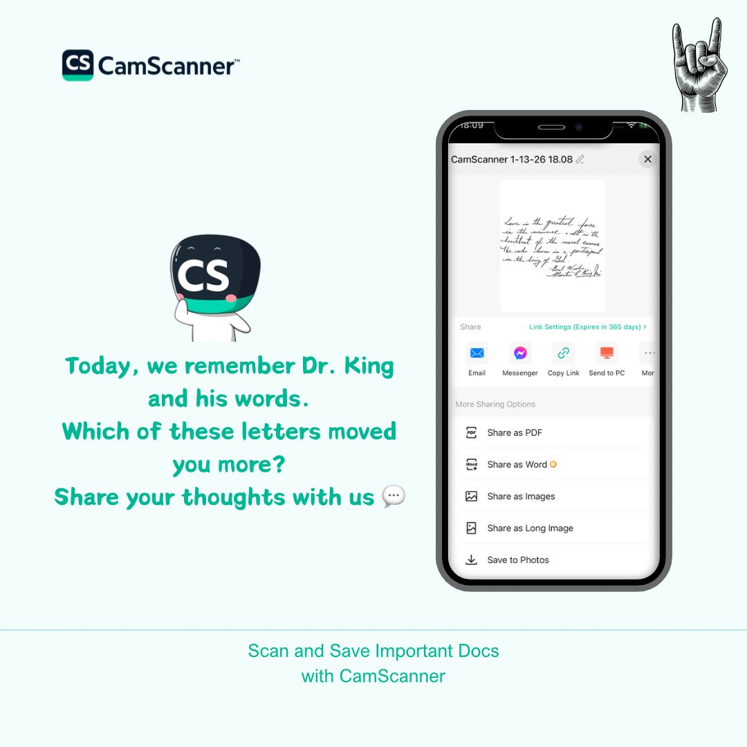 CamScanner's tweet image. Taking a moment to remember Dr.King and his words today! At CamScanner, we believe every meaningful documents deserves to be preserved. #MLKDay #matinlutherking #scan #camscanner #scannerapp #saveimportantdocsincamscanner