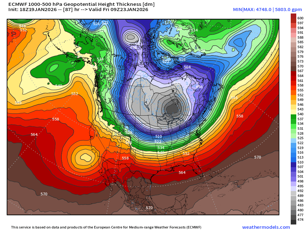 RyanMaue's tweet image. Friday:  Coldest airmass on Earth will be centered over Ontario with mid-level temperatures of -50°C rarely observed except with most extreme Siberian cold.    

And we'll be given (almost) the "whole load" Polar Vortex -- until it comes back for Round 2 in another week.