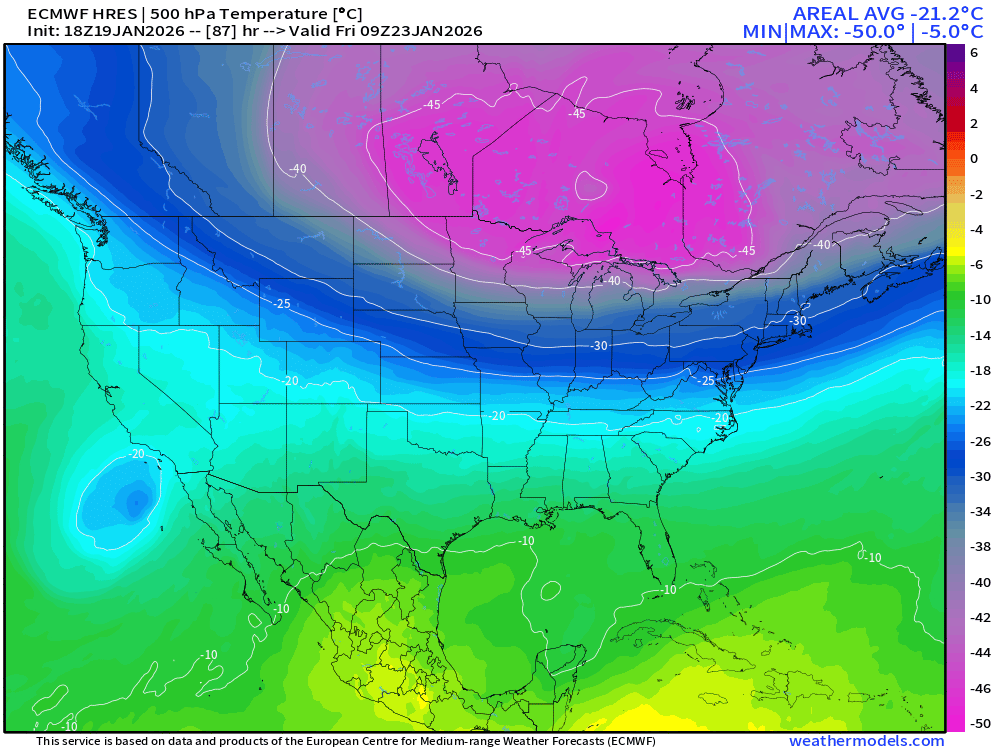RyanMaue's tweet image. Friday:  Coldest airmass on Earth will be centered over Ontario with mid-level temperatures of -50°C rarely observed except with most extreme Siberian cold.    

And we'll be given (almost) the "whole load" Polar Vortex -- until it comes back for Round 2 in another week.