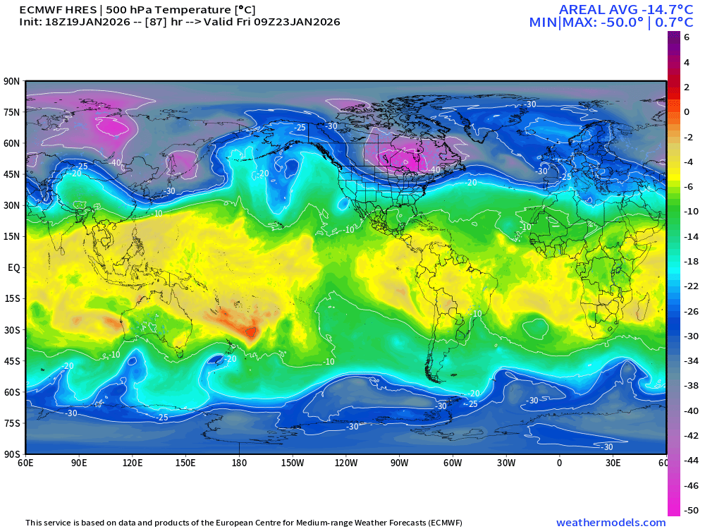 RyanMaue's tweet image. Friday:  Coldest airmass on Earth will be centered over Ontario with mid-level temperatures of -50°C rarely observed except with most extreme Siberian cold.    

And we'll be given (almost) the "whole load" Polar Vortex -- until it comes back for Round 2 in another week.