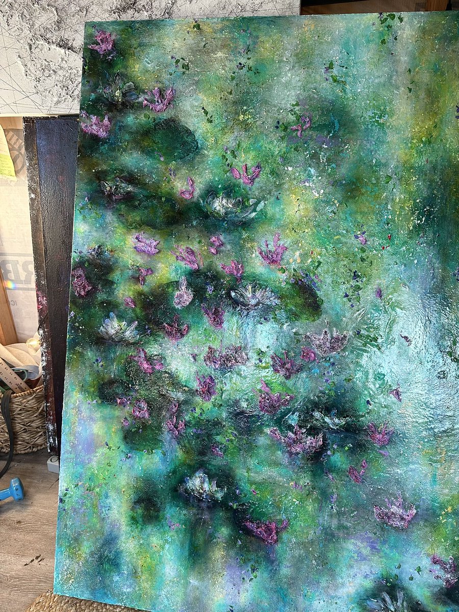 After our household being down sick for almost 3 weeks, I finally finished “Where She Once Was” 60x48. It, along with another 48x48 of mine, will be going in <a href="/sasseartmuseum/">Sasse Museum of Art</a> st the end of the month thru the beginning of March. #art #painting #lilypond #floralart #modernart