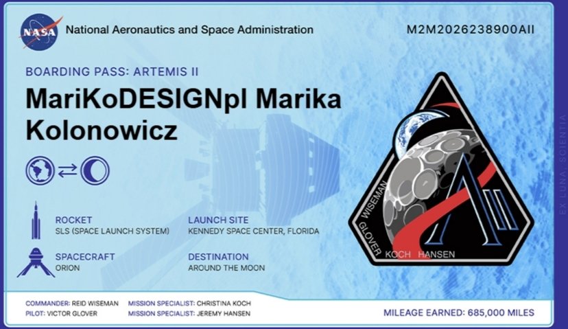 MariKoDESIGNpl's tweet photo. Boarding Pass: ARTEMIS
Carrier: NASA
Passenger: https://t.co/qwPnSDQ9tB
Mission: Art, craft & future aesthetics beyond Earth ๐
#Artemis #NASA #DesignInSpace #marikodesignpl
ARTEMIS is not only a Space Mission.
It's a cultural one.
๐๐ฉโ๐ https://t.co/L07mavXjel