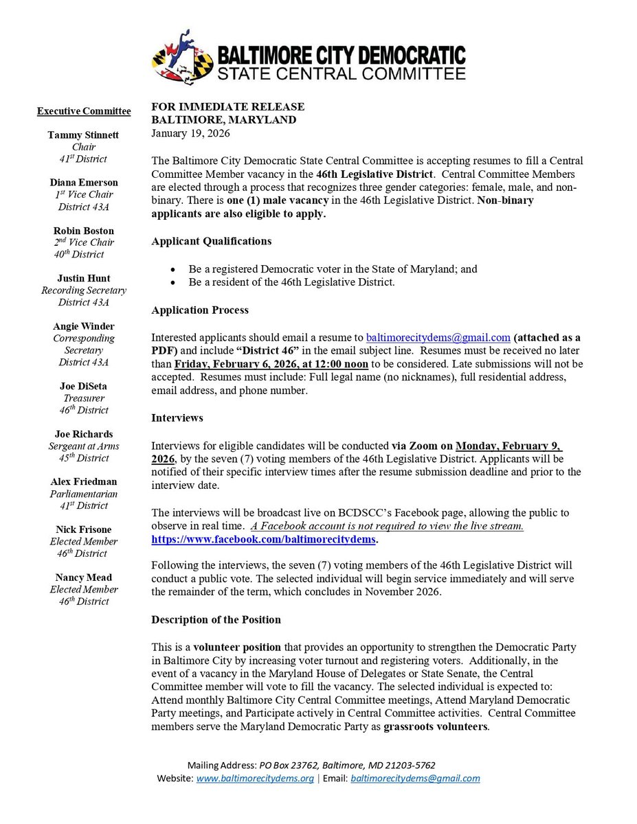 Baltimore City Democratic State Central Committee tweet media