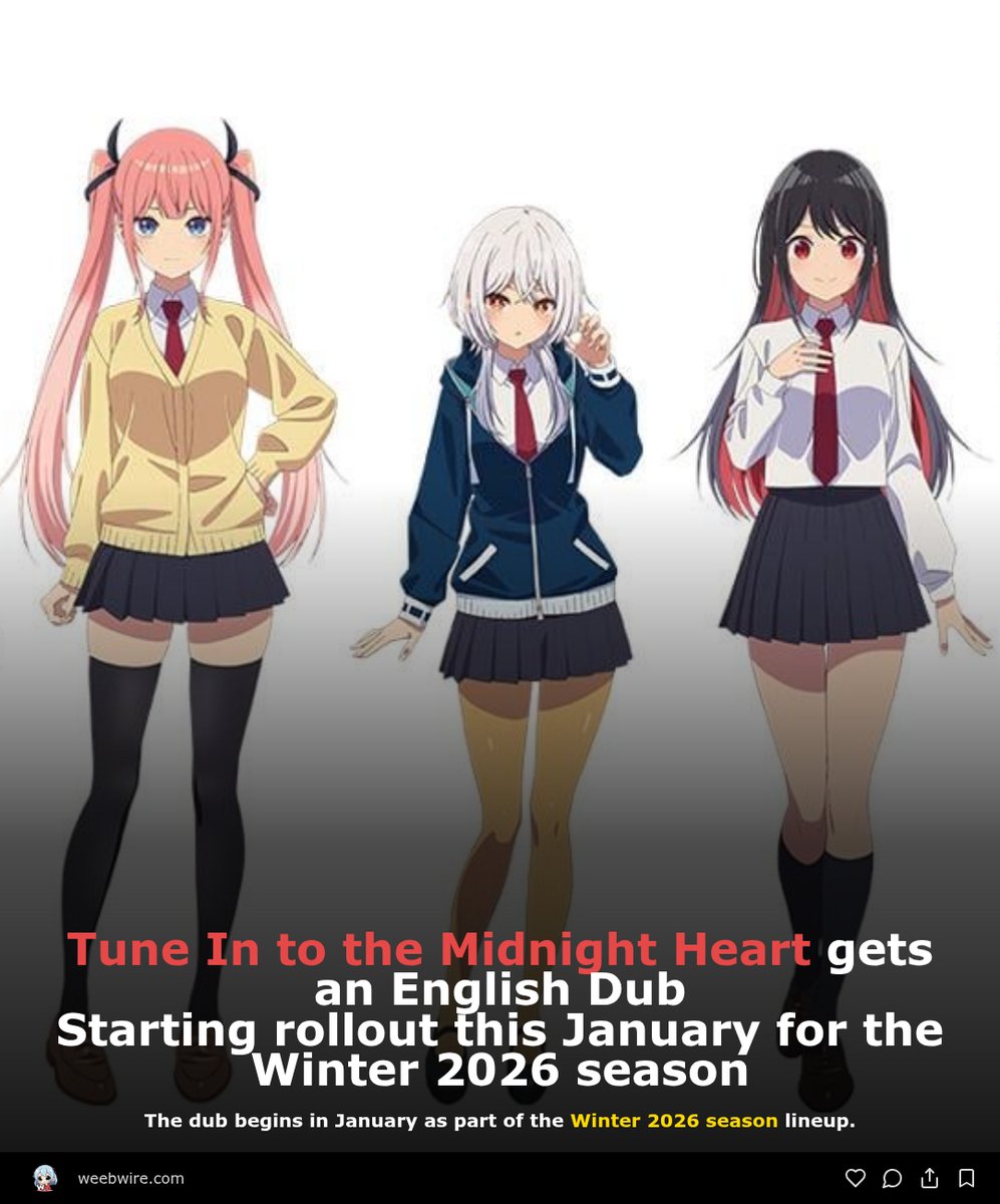 weeb_wire's tweet image. 🔗 weebwire.com/news/crunchyro…

#TuneInToTheMidnightHeart #Crunchyroll #EnglishDub #Winter2026 #AnimeDubs #Gekkou #MasakuniIgarashi