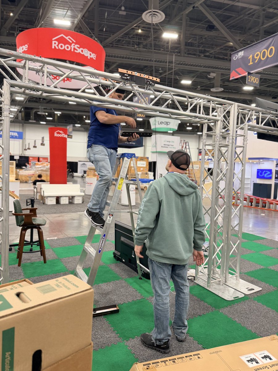 HailTrace's tweet image. All set up! The HailTrace team spent the day setting up the booth for IRE this week! We excited to see everyone tomorrow!

Come see us at booth #1934 - look for the 1900 sign! See you there!

#IRE2026 #hailtrace #roofingcontractor #conference 

@AtlasRoofing