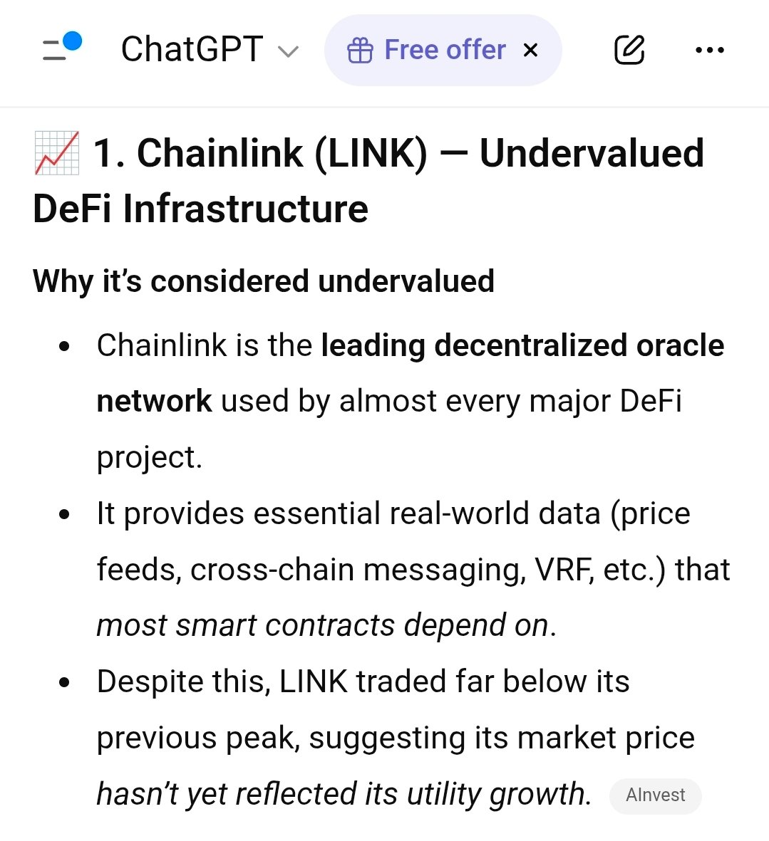 Both @ChatGPT and @grok think #chainlink $link is the most undervalued coin  in the top 100, most deserving of an ath. Go ahead, check yourself. This is  the play
