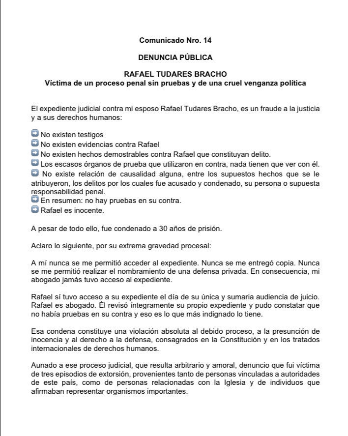 WalterVMG's tweet photo. Es tremendo lo que denuncia Mariana González de Tudares, hija de @EdmundoGU y esposa del preso político Rafael Tudares.

Además de las violaciones de derechos humanos y de la absoluta vulneración del debido proceso, Mariana fue víctima de tres episodios de extorsión, tanto por miembros del régimen chavista como por personas relacionadas con la Iglesia y por individuos que afirmaban representar organismos importantes. Estas tres extorsiones se llevaron a cabo en embajadas, en espacios donde opera el Arzobispado y en oficinas de organizaciones que públicamente afirman defender los derechos humanos. En esos tres episodios, se le indicó directamente que, para que Rafael pudiera recuperar su libertad, su esposa debía obligar al presidente electo a renunciar a su lucha por la libertad.

Esto es realmente grave. No se puede pasar por alto que gran parte de los “diplomáticos” y supuestos “defensores de derechos humanos” solo han usado ambas fachadas para defender a una tiranía criminal como la de Nicolás Maduro (y hoy la de Delcy Rodríguez). Allí está el “derecho internacional” del que tanto cacarean.