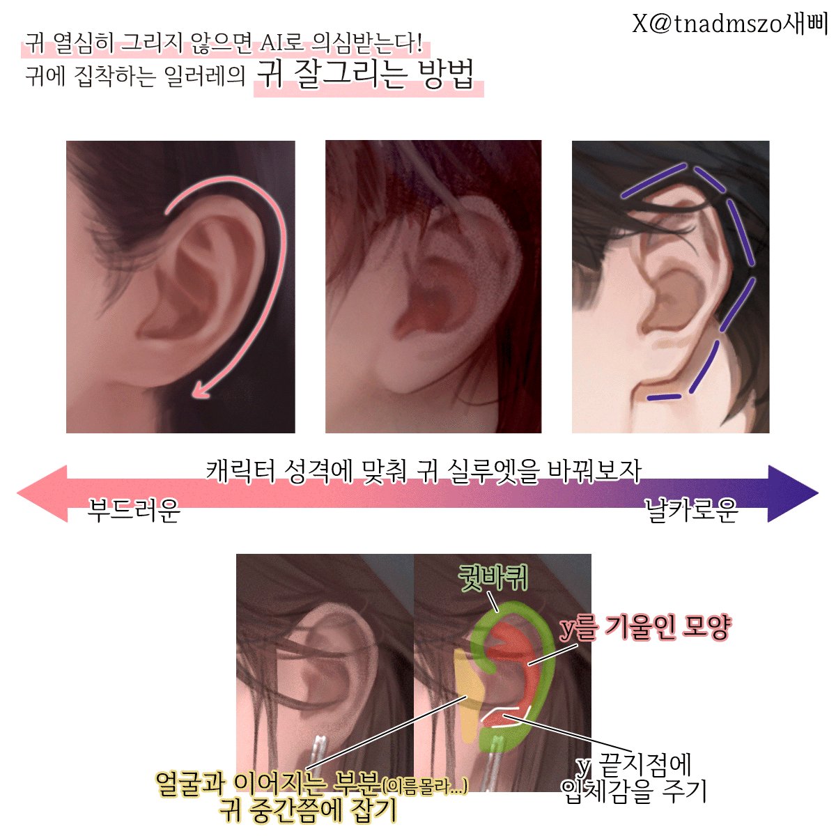 tnadmszo's tweet photo. 귀를 열심히 그리지 않으면 AI로 의심받는다! 
귀에 집착하는 일러레가 푸는 귀 잘 그리는 방법 공유👀

#새삐_채색팁 https://t.co/zWDCwnHLAV