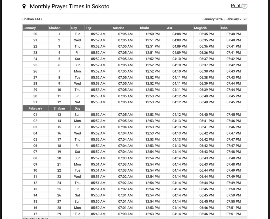 Simwal's tweet photo. SOKOTO Sha’aban prayer time table. https://t.co/F78OofBjr8