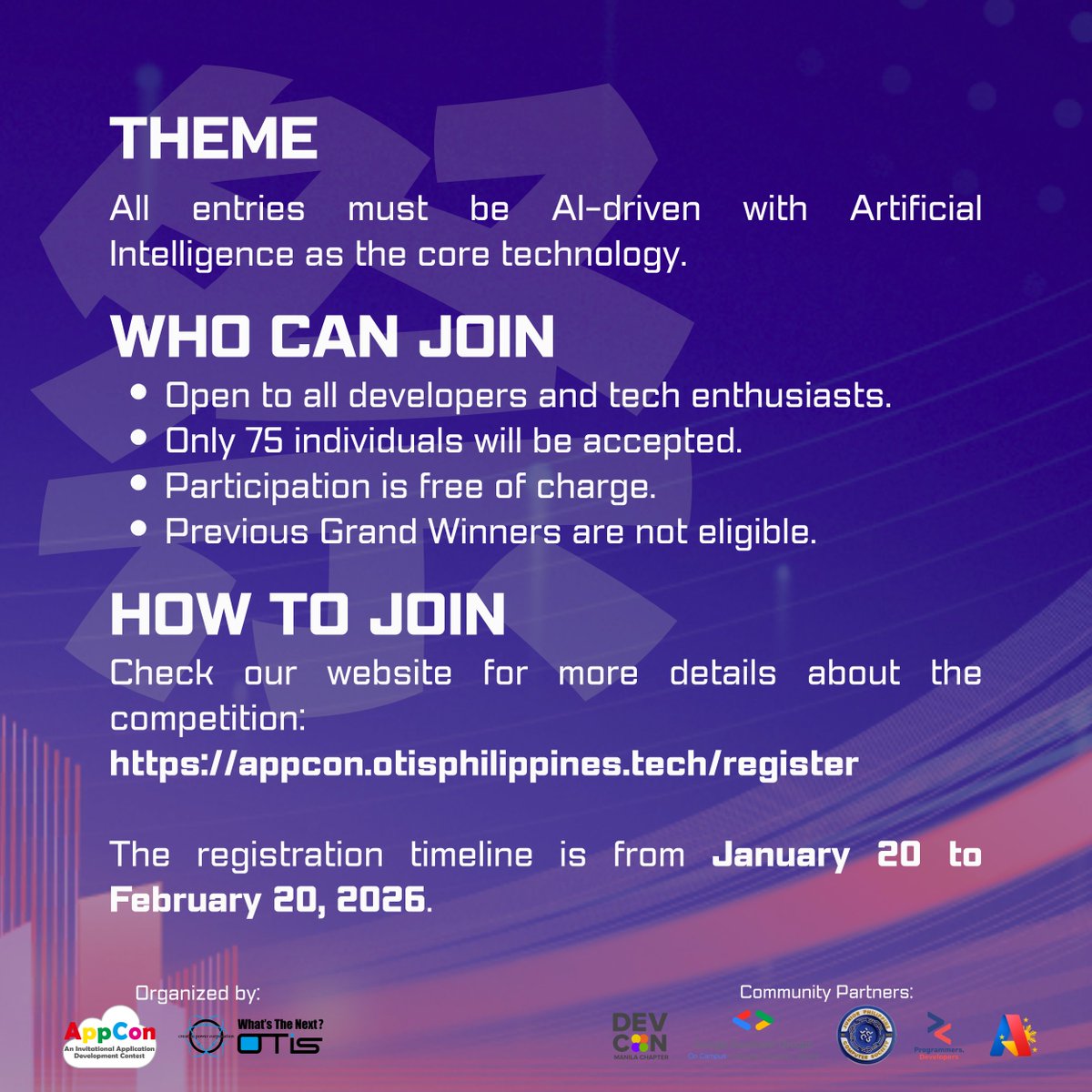 AppCon_Official's tweet photo. 🚀 Registration is NOW OPEN 🚀
The future of innovation starts here.

AppCon 2026: AI Matsuri invites developers, designers, and creators to enjoy, have fun, and get crazy with ideas.

🗓 January 20 – February 20, 2026
🔗 https://t.co/a7TB2V4OBn

#AppCon2026AIMatsuri https://t.co/h8ZkhVeIn5