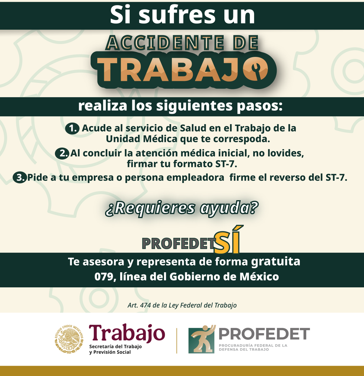 PROFEDET's tweet photo. 🚨Ninguna actividad laboral está exenta de accidentes.
😕¿Sabes qué hacer después de uno? 💡Aquí te explicamos
🤝 Si tienes dudas, #PROFEDET te asesora y defiende tus derechos laborales.
📞079, línea del Gobierno de México. https://t.co/Sxalmhaxxh