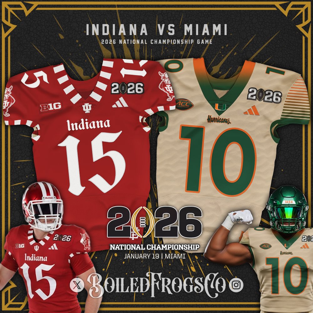 BoiledFrogsCo's tweet photo. Tonight's the big game! Who's taking home the hardware? 🔴⚪️Indiana Hoosiers or 🟢🟠Miami Hurricanes? 

In honor of the game, we've designed 2 new unis. Follow for more uniform designs and jersey news!

#iufb #miami #NationalChampionship #CFBPlayoff #GoIU #neverdaunted #hoosiers https://t.co/AEua4yBwh8