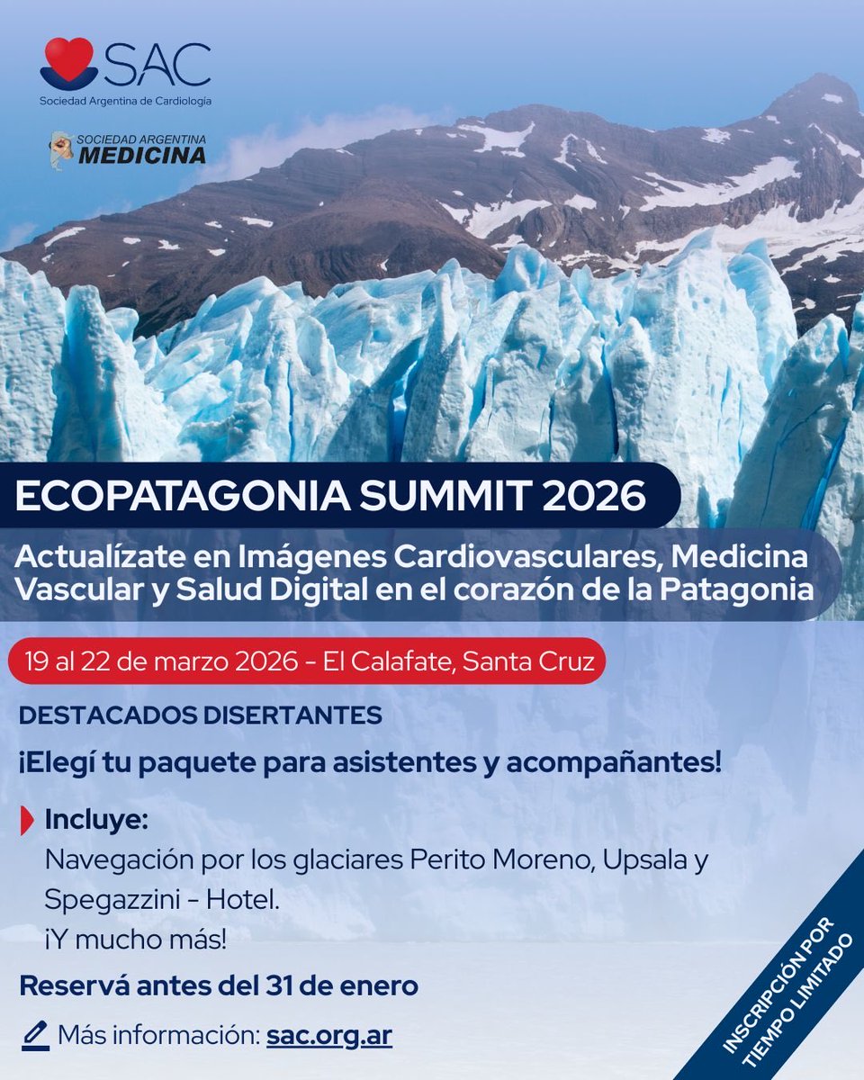 consejoEcoSAC's tweet photo. 🔵 ECOPATAGONIA SUMMIT 2026

💡Actualizate en Imágenes Cardiovasculares, Medicina Vascular y Salud Digital en el corazón de la Patagonia. ❄️

📍 El Calafate, Santa Cruz
📅 19 al 22 de marzo de 2026 
⏰ Reservá antes del 31 de enero

📌Más información 👉🔗 https://t.co/8nhVKotnON https://t.co/kOWTZreVUm