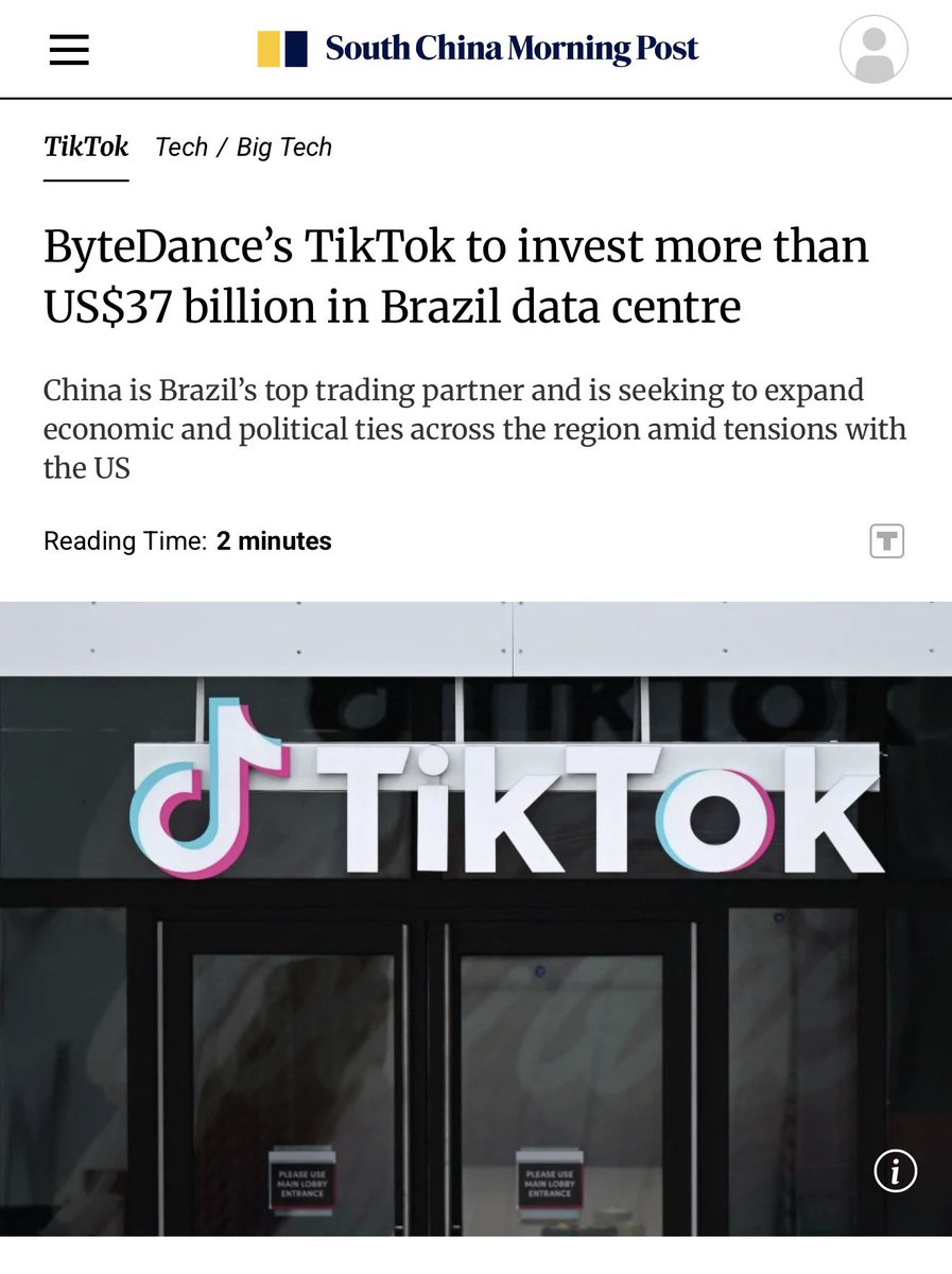 字节跳动（TikTok母公司）刚刚宣布豪掷2000亿雷亚尔（约380亿美元）在巴西建设拉美首个大型数据中心！这是字节在拉丁美洲的首个重磅基建项目，地点选在东北部塞阿拉州的Pecém工业港，100%用风能供电，绿色又硬核。  这个项目不只是建服务器那么简单： • 预计创造4000+就业机会•